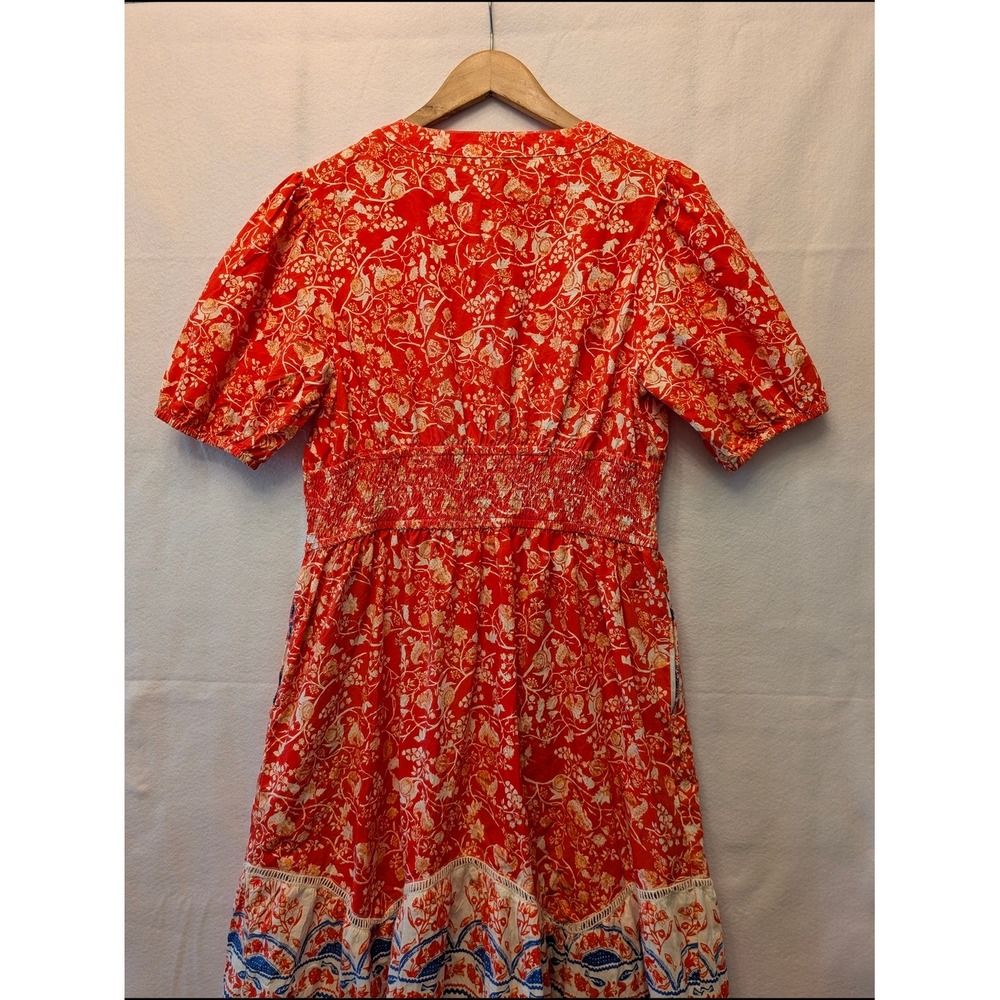 Kalki Koechlin x Max Midi Dress Womens L Red Floral Boho Puff Sleeve Excellent - Picture 8 of 14